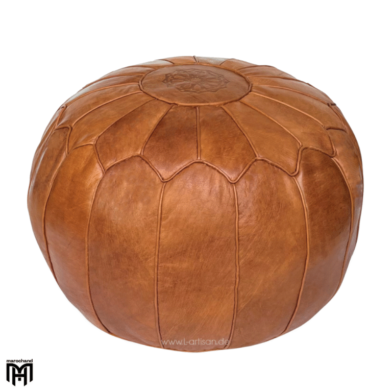 Moroccan Round Leather Seat Cushion | Cognac Ottoman Pouf & Floor Seat