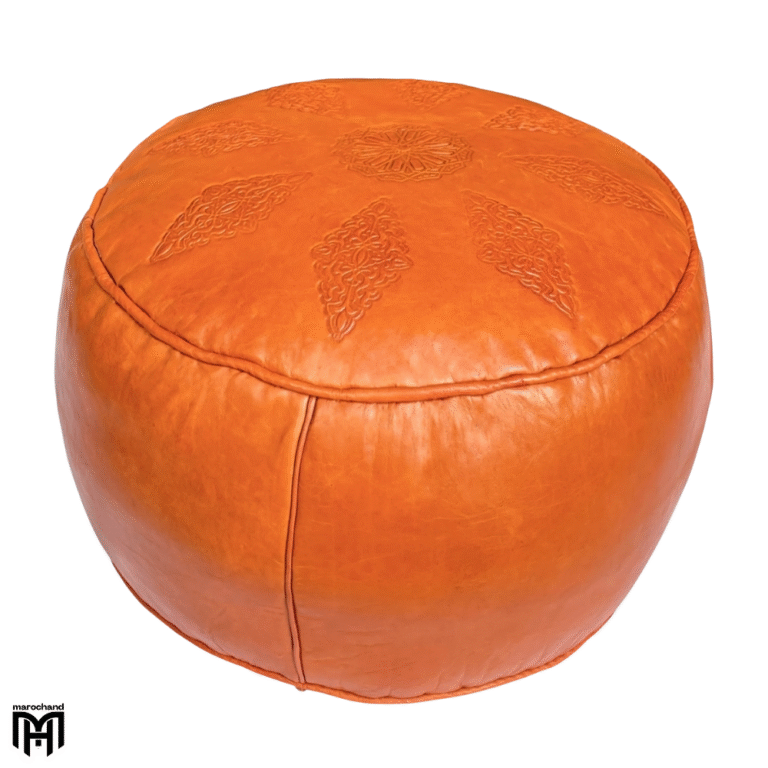 Moroccan SALÈ Orange Seat Cushion with Filling | Handcrafted Pouf Ottoman
