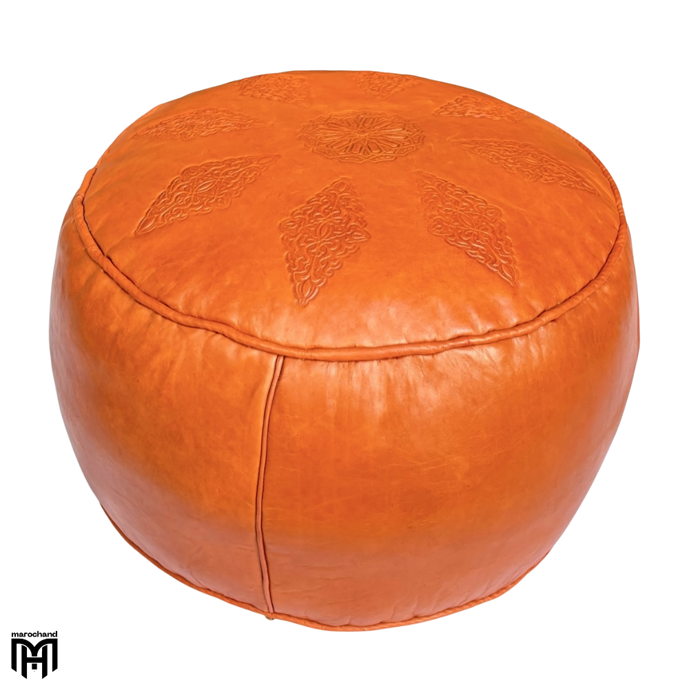 Moroccan SALÈ Orange Seat Cushion with Filling | Handcrafted Pouf Ottoman