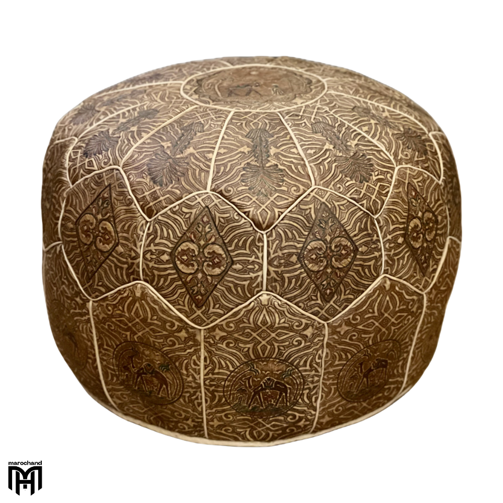 Moroccan KAMELLO Oriental Seat Cushion | Round Leather Pouf Ottoman