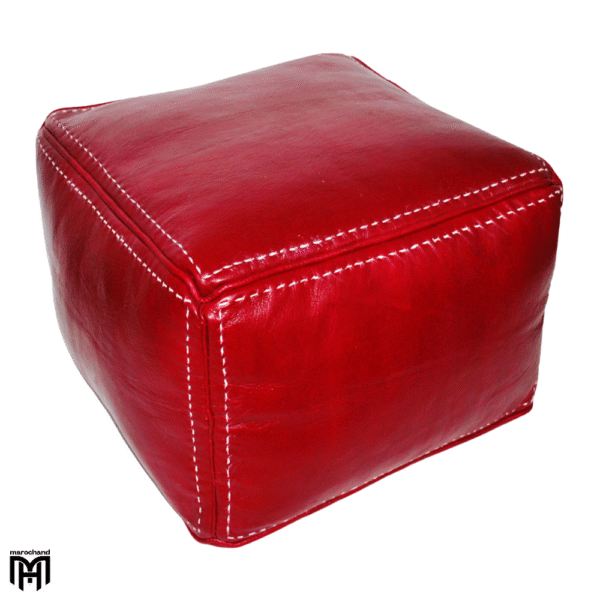 Moroccan CARRÈ Leather Seat Cushion | Red Square Pouf Ottoman