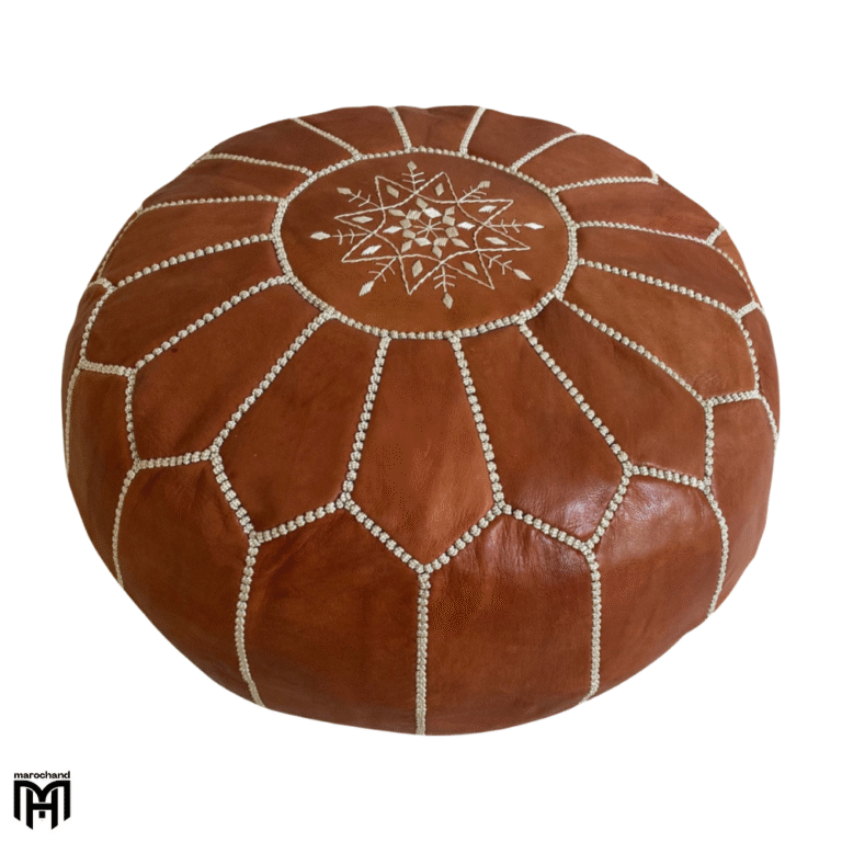 Moroccan RONDA Arabian Leather Seat Cushion | Cognac Leather Pouf