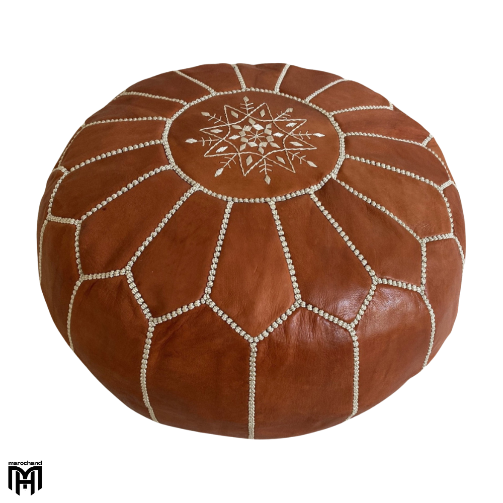 Moroccan RONDA Arabian Leather Seat Cushion | Cognac Leather Pouf