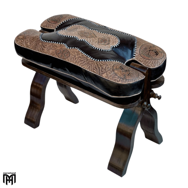 Moroccan RABATI Oriental Stool | Black Mtaraz Leather Poufs Ottoman