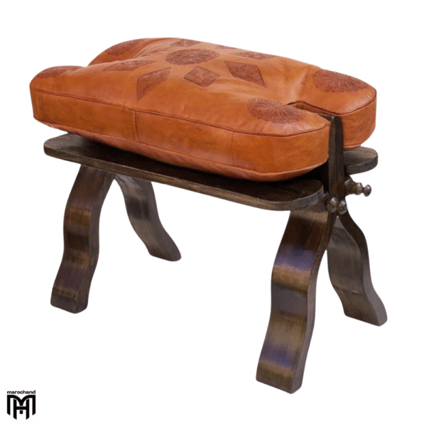 Moroccan RABATI Oriental Stool | Cognac Leather Poufs Ottoman