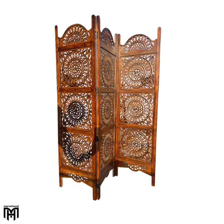 Moroccan Mid-Century Modern Brown Wood Room Divider | Carved Folding Screen