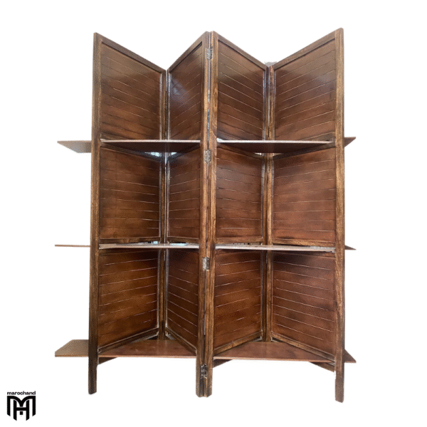 Moroccan Mid Century Folding Partition with Shelf | Handmade Wooden Room Divider