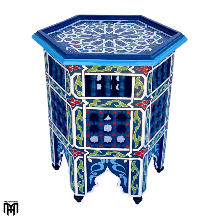 Moroccan Hand-Painted MANAL Blue Side Table | Artisan Wood Coffee & Accent Table