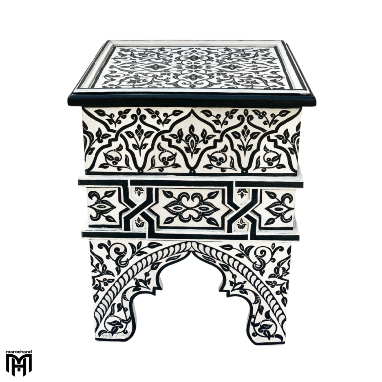 Moroccan Oriental BAHTA Side Table | Black & White Hand-Painted Wood Table