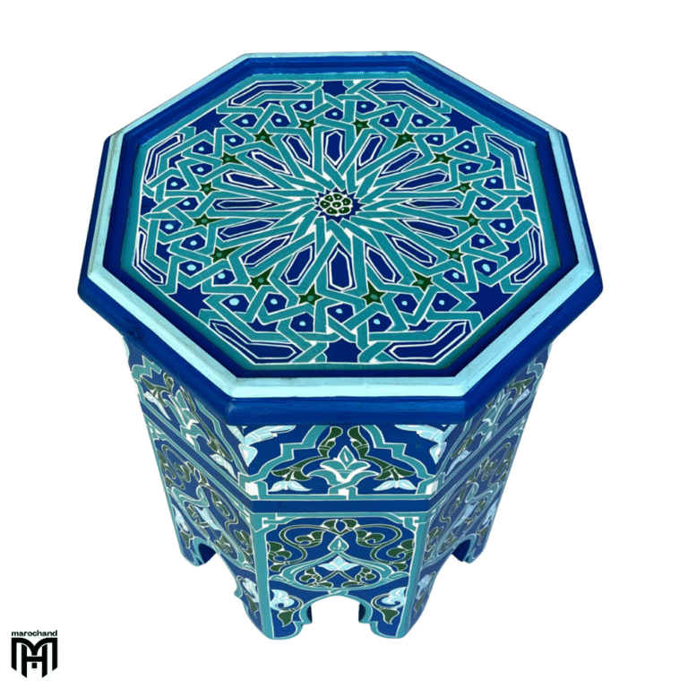 oroccan Blue Hand-Painted Side Table | Artisan Wood Coffee & Tea Table