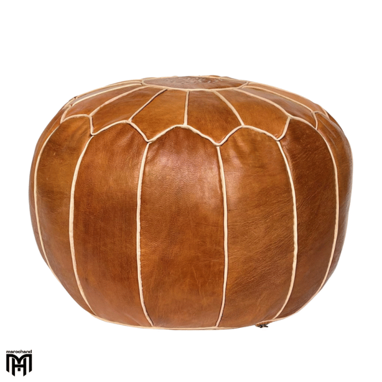 Moroccan KORA-MAR1 Leather Seat Cushion | Cognac Arabian Ottoman & Floor Pouf