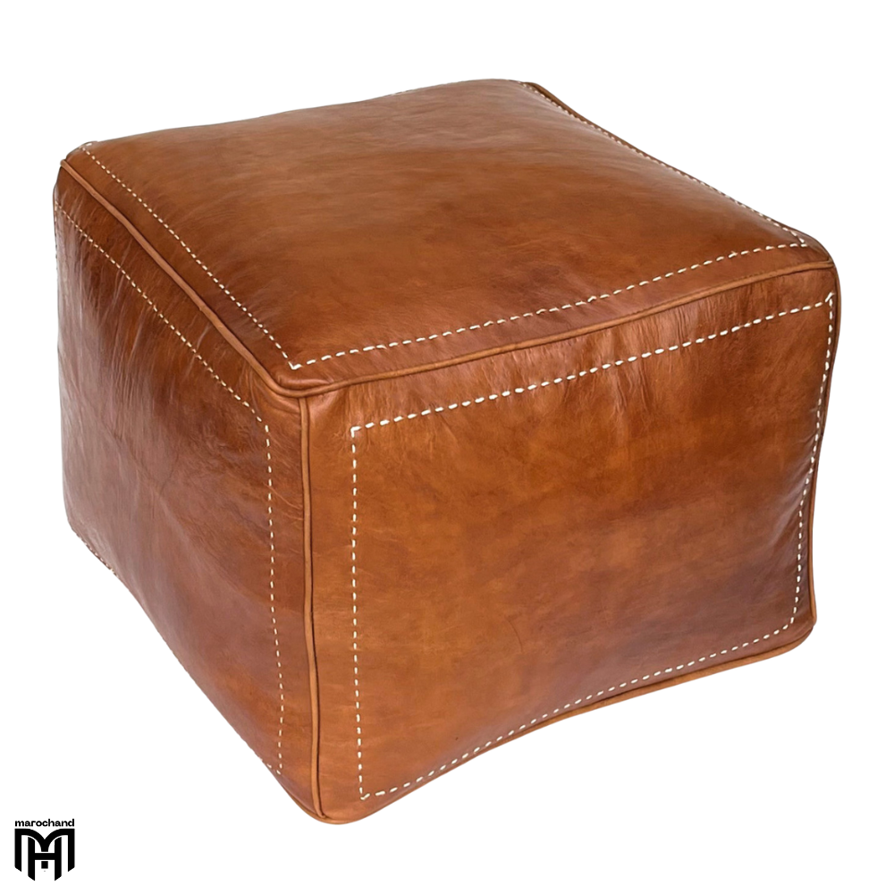 Moroccan Square Leather Seat Cushion | Cognac Ottoman Pouf & Floor Seat