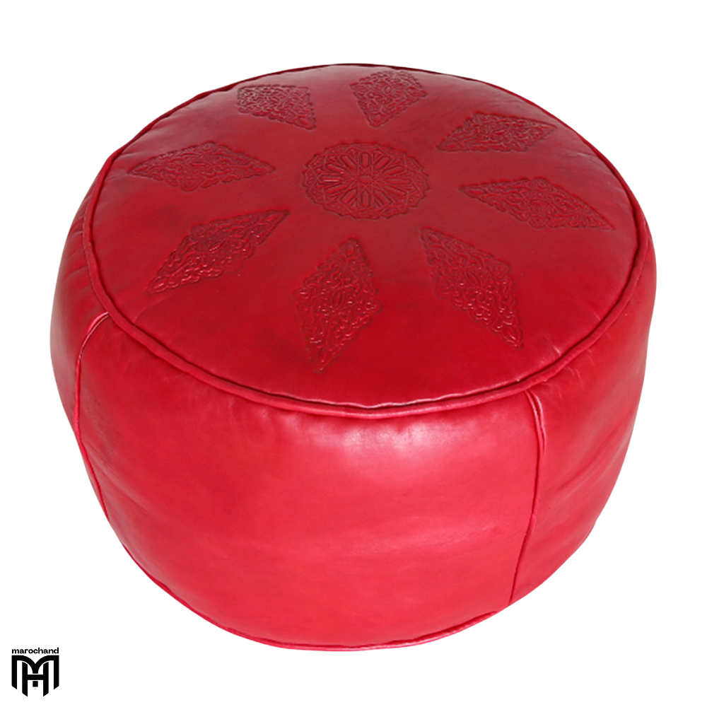 Moroccan SALÈ Red Leather Seat Cushion | Handcrafted Pouf & Ottoman
