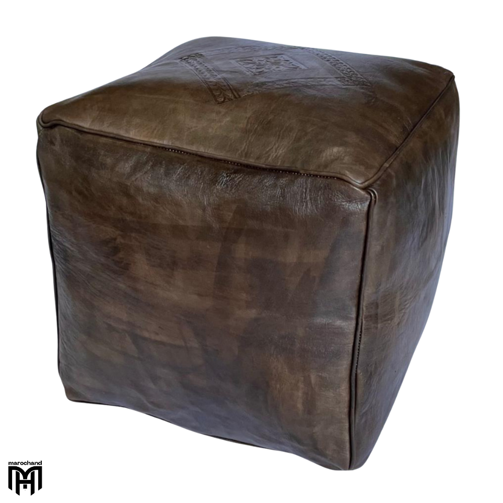 Moroccan Square Leather Seat Cushion | Dark Brown Ottoman Pouf & Floor Seat