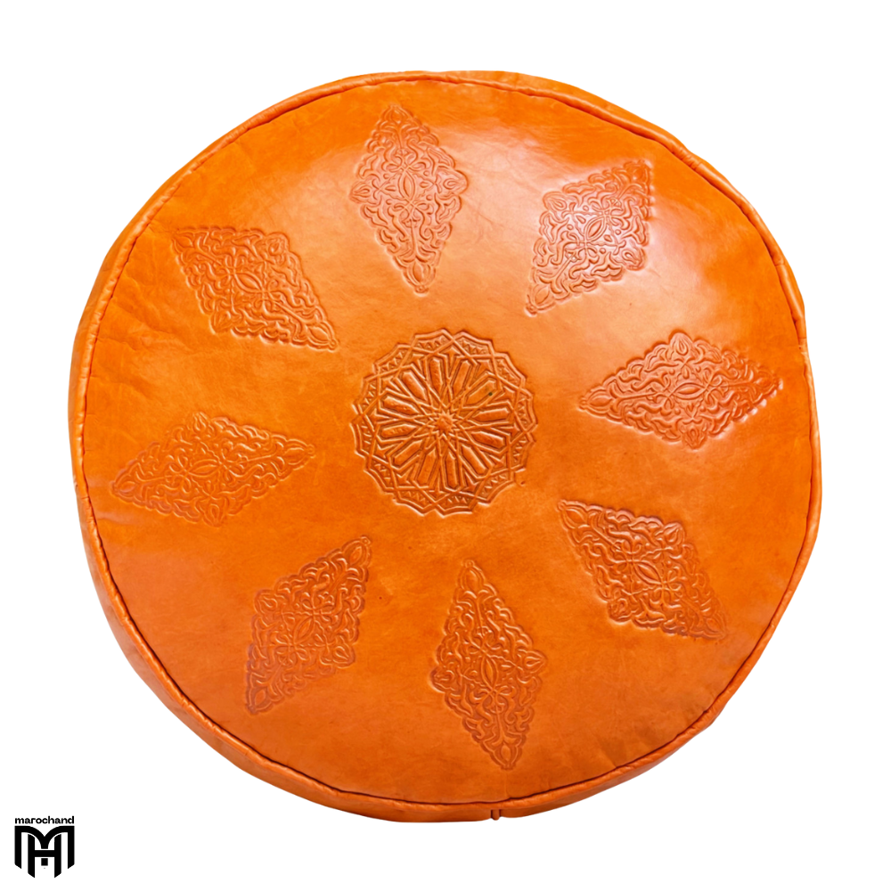 Moroccan SALÈ Orange Seat Cushion with Filling | Handcrafted Pouf Ottoman