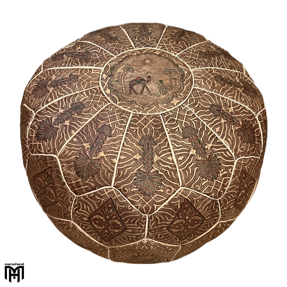 Moroccan KAMELLO Oriental Seat Cushion | Round Leather Pouf Ottoman