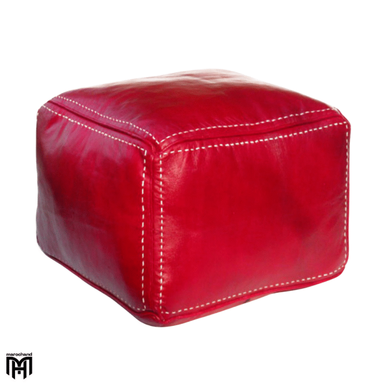 Moroccan CARRÈ Leather Seat Cushion | Red Square Pouf Ottoman