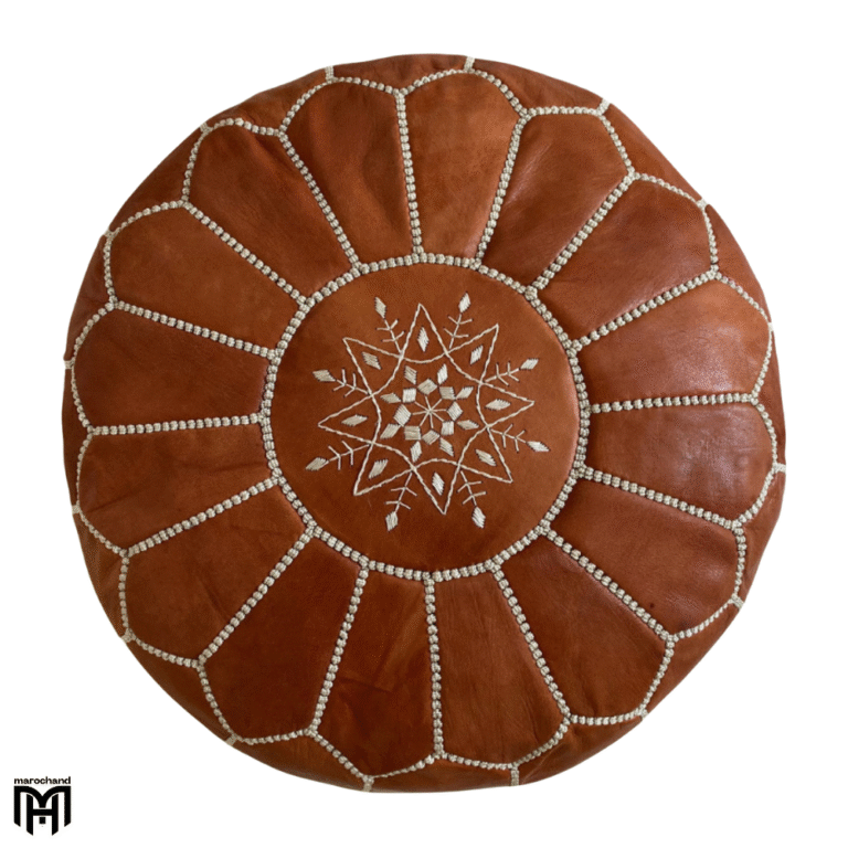 Moroccan RONDA Arabian Leather Seat Cushion | Cognac Leather Pouf