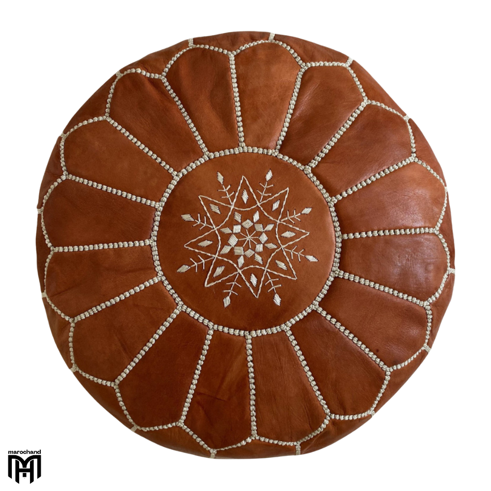 Moroccan RONDA Arabian Leather Seat Cushion | Cognac Leather Pouf