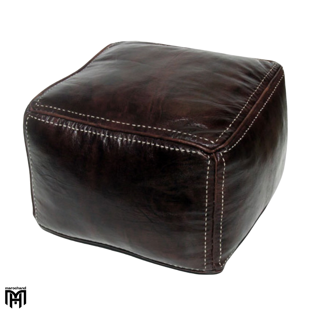 Moroccan Arabian Oriental Seat Cushion | Dark Brown Leather Poufs