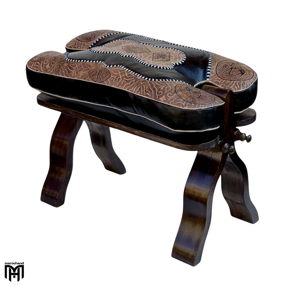 Moroccan RABATI Oriental Stool | Black Mtaraz Leather Poufs Ottoman