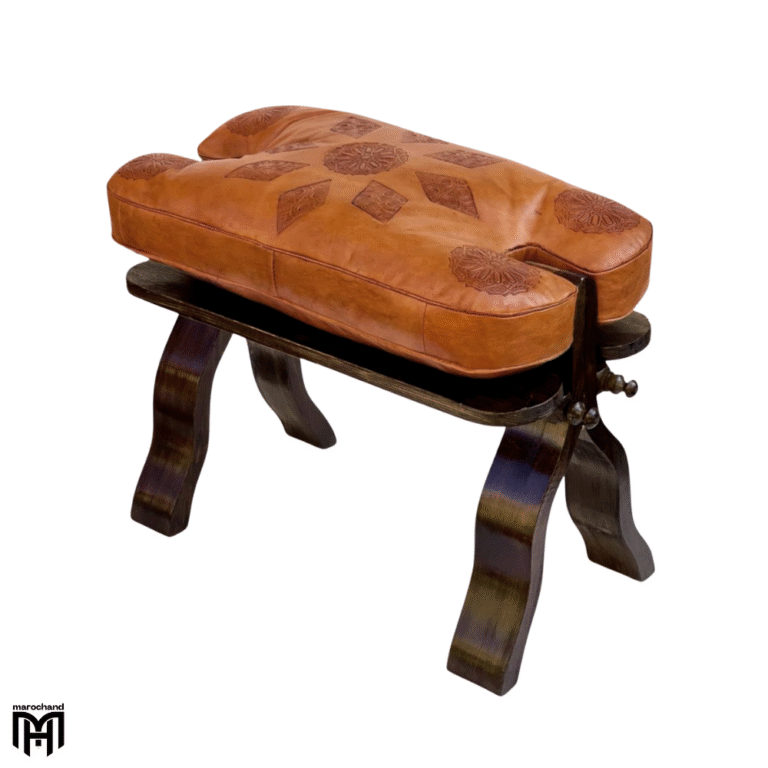 Moroccan RABATI Oriental Stool | Cognac Leather Poufs Ottoman