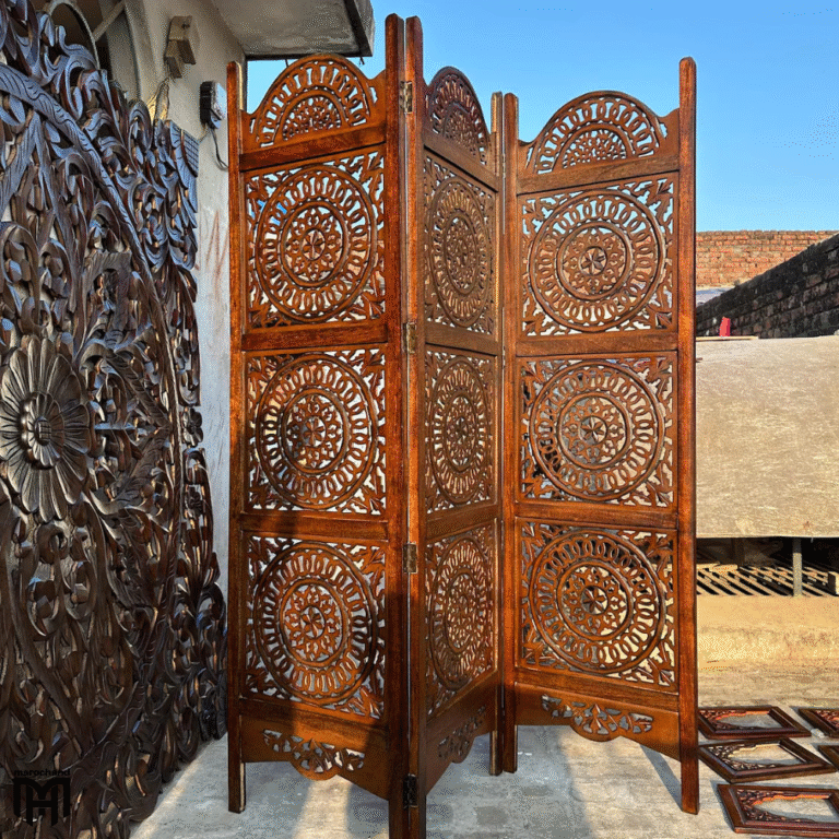Moroccan Mid-Century Modern Brown Wood Room Divider | Carved Folding Screen