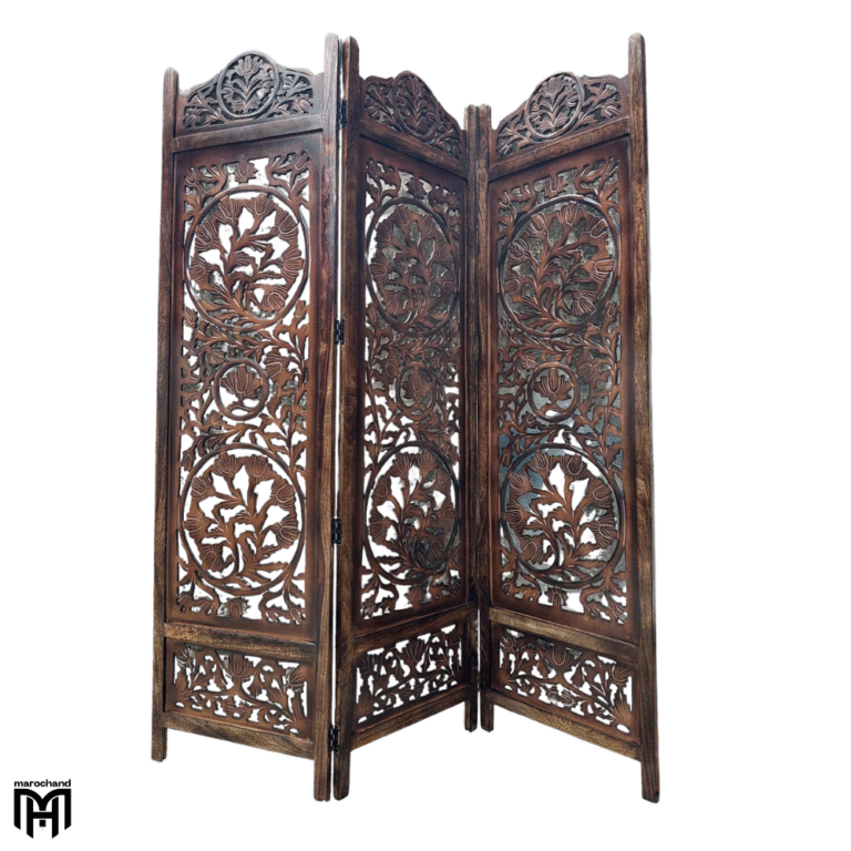 Moroccan Handmade Lotus Wood Room Divider | Brown Folding Partition Screen