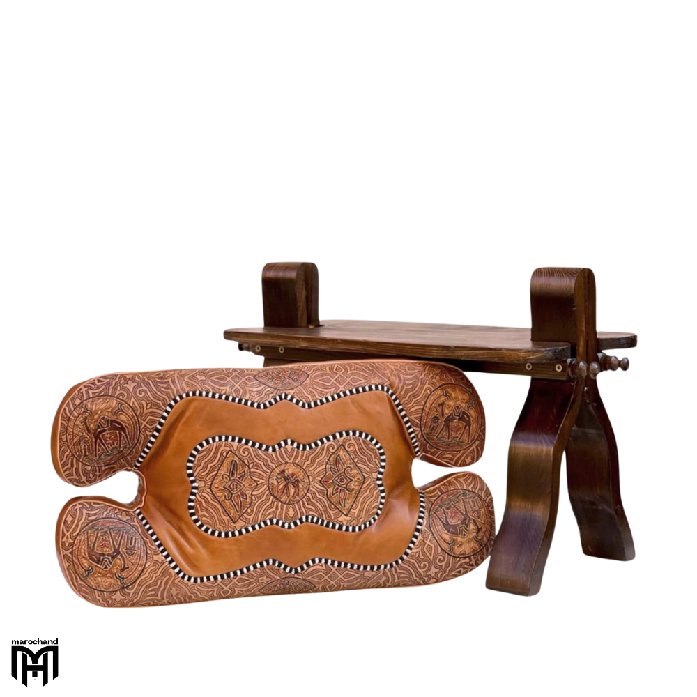 Moroccan RABATI-TARAZ Stool | Cognac Arabian Leather Ottoman & Seat