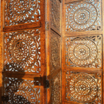 Moroccan Mid-Century Modern Brown Wood Room Divider | Carved Folding Screen