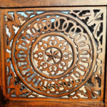 Moroccan Mid-Century Modern Brown Wood Room Divider | Carved Folding Screen