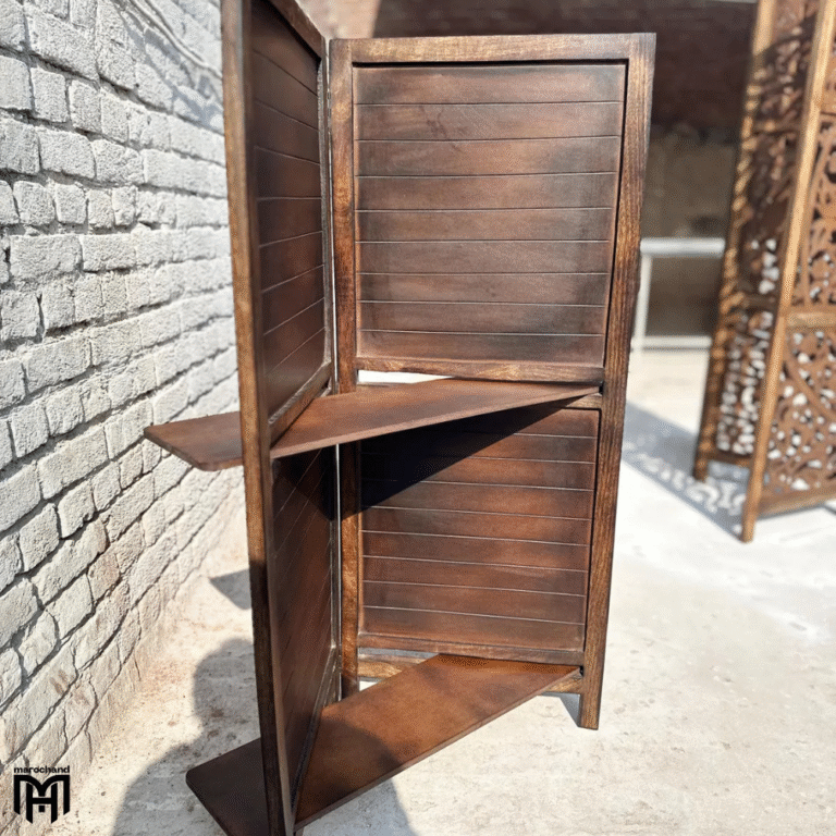 Moroccan Mid Century Folding Partition with Shelf | Handmade Wooden Room Divider