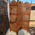 Moroccan Mid-Century Modern Brown Wood Room Divider | Carved Folding Screen