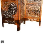 Moroccan Mid-Century Modern Brown Wood Room Divider | Carved Folding Screen