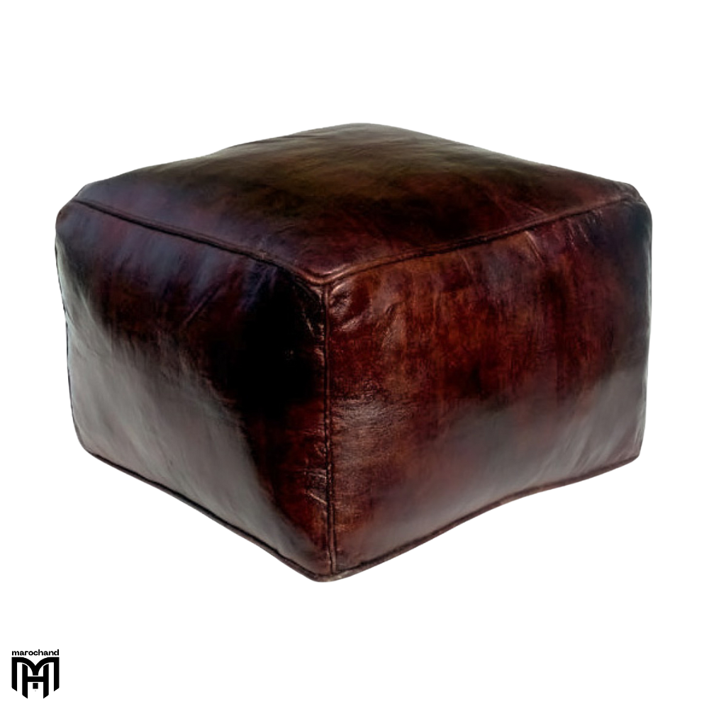 Moroccan CARRE Arabian Oriental Leather Seat Cushion | Brown Square Poufs